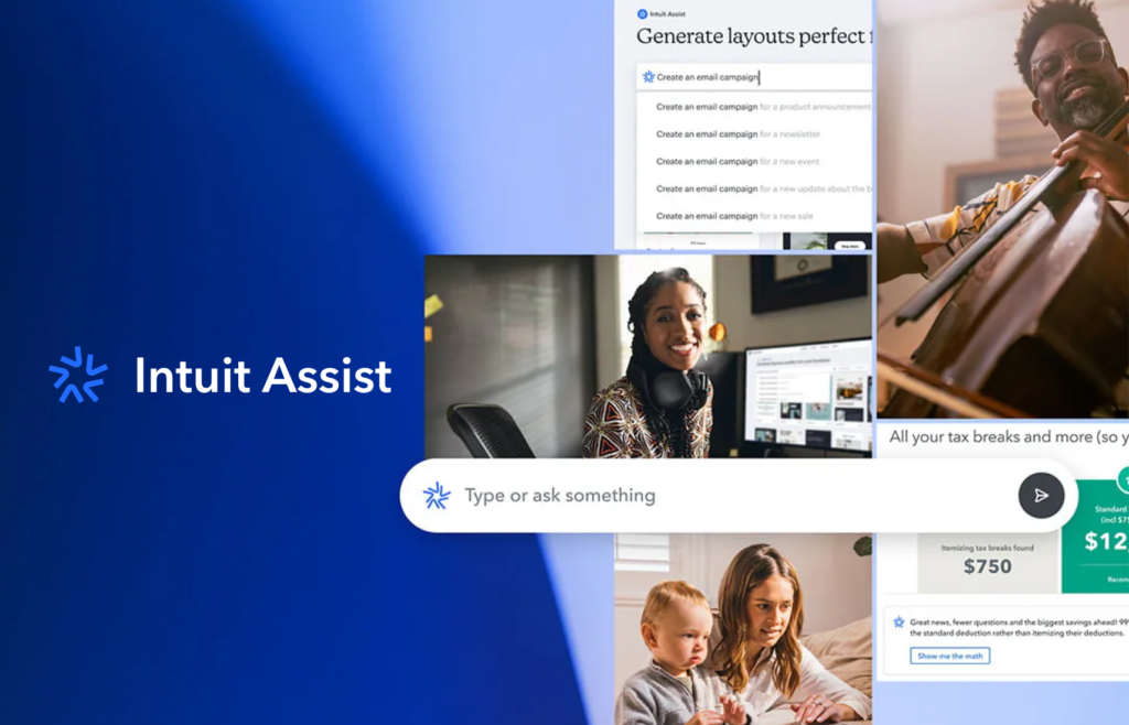 A graphic collage displaying a variety of photos and user interfaces of Intuit Assist, with the Intuit Assist logo prominently positioned on the left side.